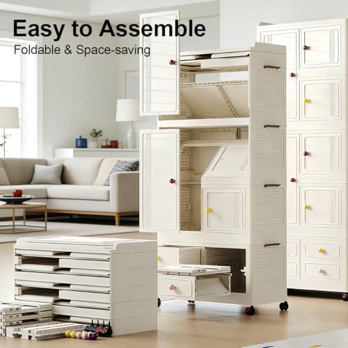 Foldable Storage Cabinet with Wheels & Lids, Large Capacity Closet Organi...