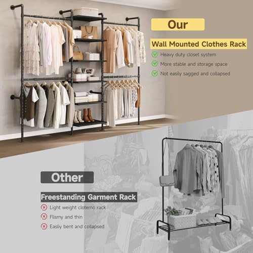 T1 Wall Mounted Closet System, Industrial Pipe Clothing Rack with 6 Wooden Sh...