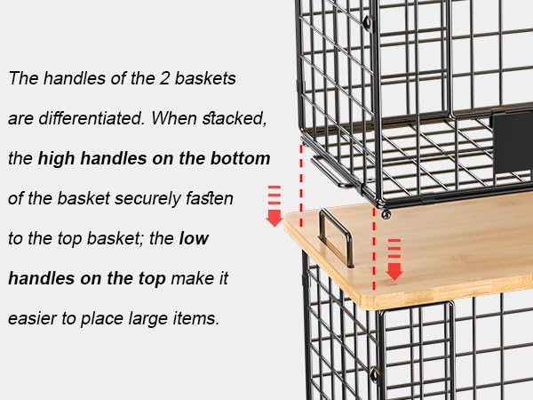 2-Pack Stackable Wire Baskets with 2 Pads & Bamboo Top, Pantry Organizer