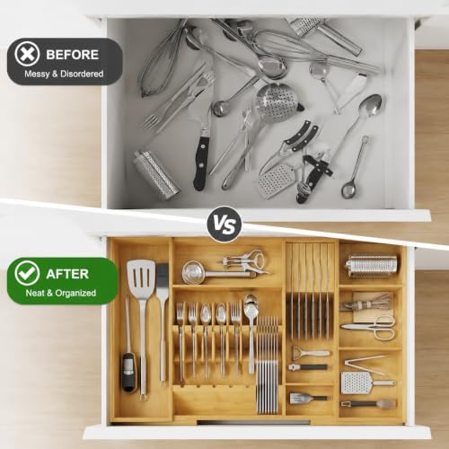 Bamboo Expandable Kitchen Drawer Organizer, 17.7-29.5 in,Natural