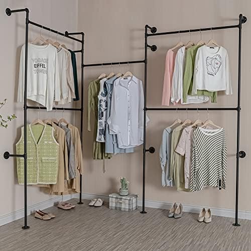 Industrial Pipe Clothes Rack, Heavy Duty Detachable Wall Mounted Black Iron G...
