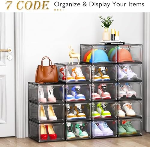 12 Pack Shoe Organizer, Stackable Shoe Storage Boxes with Magnetic Door