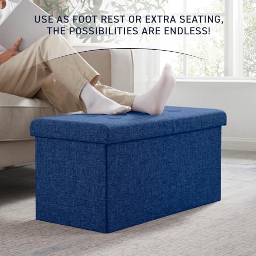 Ornavo Home 30 Inch Folding Storage Ottoman Bench, Tufted Linen, Navy Blue