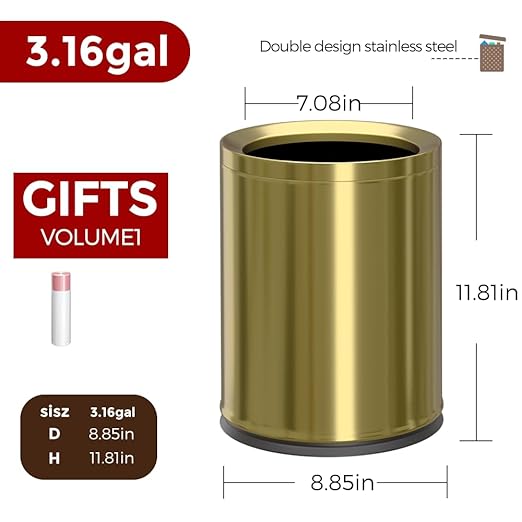 12L/3Gal Antique Brass Bathroom Trash Can, Brushed Brass Garbage can, Small - Image 6