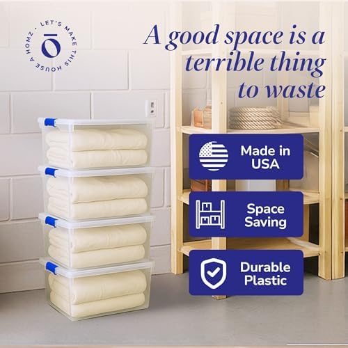 HOMZ Secure Latch, Clear Plastic Storage Organizer Bins, 66 Quart, 4 Pack