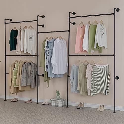 Industrial Pipe Clothes Rack, Heavy Duty Detachable Wall Mounted Black Iron G...