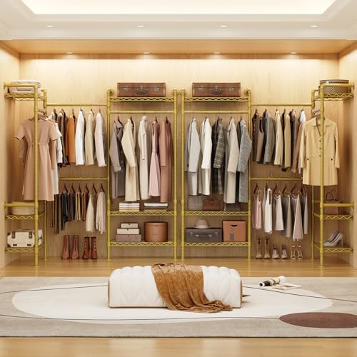 3-Bay Industrial Pipe Closet System, Wall Mounted Garment Racks, Gold