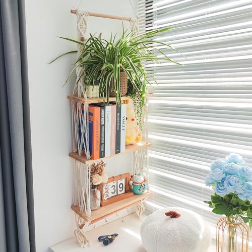 TENEWEE Boho Macrame Hanging Wall Shelf for Plant & Books Display 3-Tier