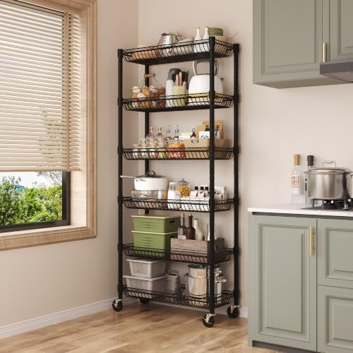6-Tier Rolling Storage Shelves with Wire Baskets,30 x 13.5 x 65in
