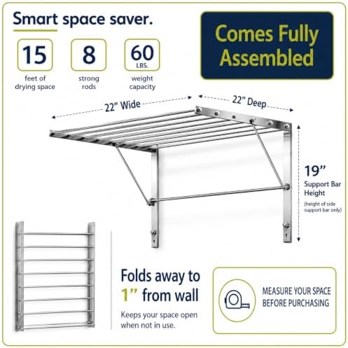 Smartsome Wall Mounted Clothes Drying Rack | 22" Wide | 60lb Capacity