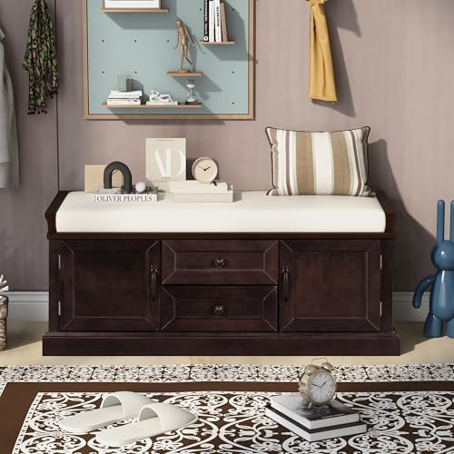 GDFStudio Rustic Storage Bench with 4 Doors 2 Draws Adjustable Shelves Remova...