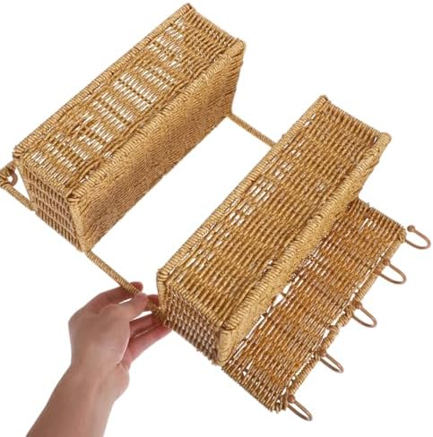 Angoily Woven Wall Mount 2-Tier Storage Sorter Basket with 5 Hooks Rattan Han...
