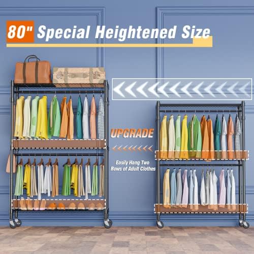 Homdox Rolling Garment Rack with Double Rod, Heavy Duty Clothing Rack with Sh...