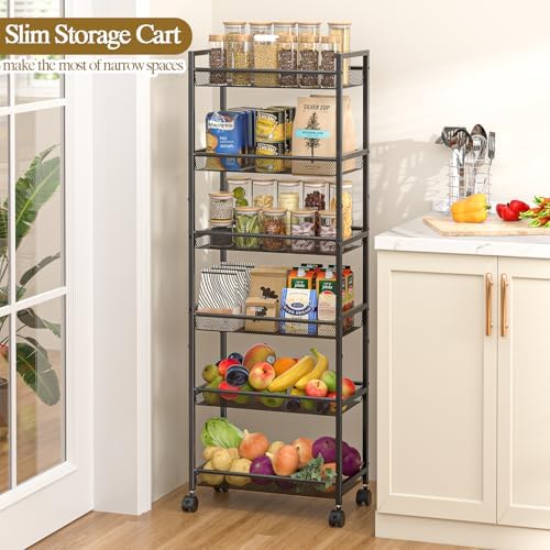 6 Tier Slim Rolling Storage Cart, Narrow Mobile Shelving Unit Organizer Utili...