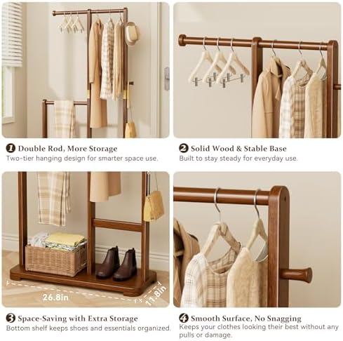 Solid Wood Coat Rack Freestanding Double Rod Clothes Rack Space Saving
