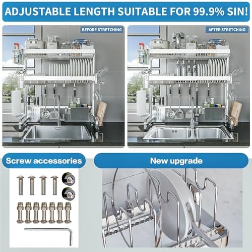 LIVOD Over The Sink Dish Drying Rack,3 Tier Adjustable Length Full Stainless ...