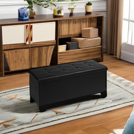 PINPLUS Folding Storage Ottoman Bench, Black Faux Leather