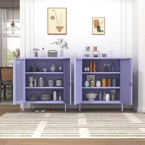 Purple Metal Storage Cabinet with Adjustable Shelf, Lockable 2 Door Sideboard...
