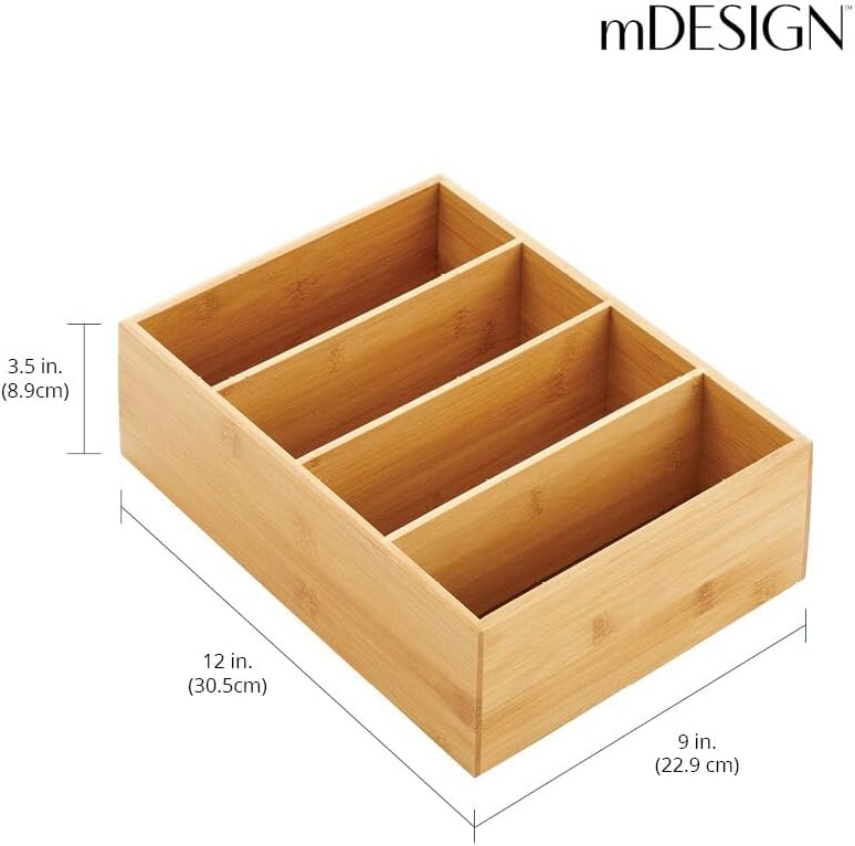 mDesign Bamboo Wood Food Storage Organizer Box, 4 Section, Divided Compartmen...