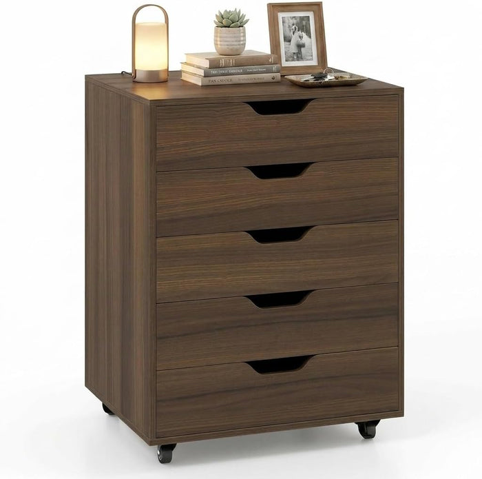 Byroce 5-Drawer Storage Cabinet with Wheels, Mobile Office Cabinet, Walnut