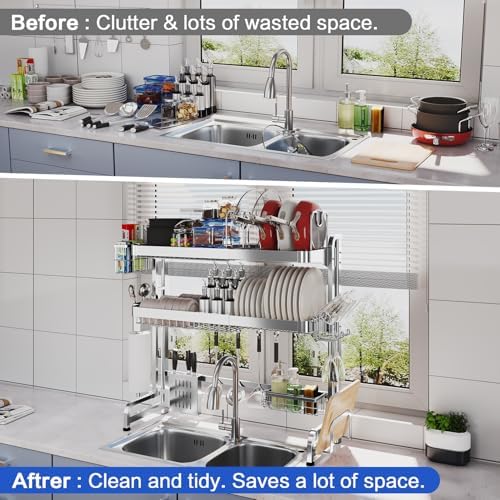 LIVOD Over The Sink Dish Drying Rack,3 Tier Adjustable Length Full Stainless ...