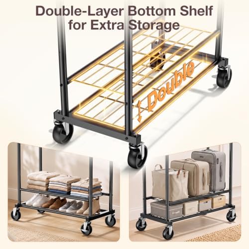 Heavy Duty Clothes Rack Load 960LBS, Adjustable Three Rods Rolling Garment Ra...