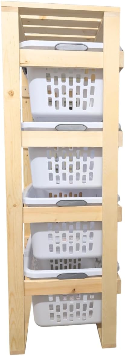 Laundry Basket Holder Storage Shelf (Solid Wood, 4 Tier, No Wheels, Wide)