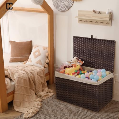 CAPHAUS Handwoven Synthetic Rattan Storage Basket w/Lid, Foldable Clothes Bas...