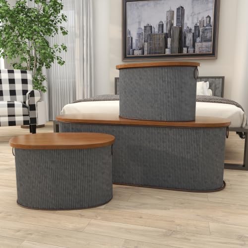Deco 79 Metal Room Storage Bench Entryway Benches with Brown Wood Top, Set of...