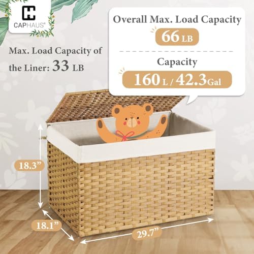 CAPHAUS Handwoven Synthetic Rattan Storage Basket w/Lid, Foldable Clothes Bas...