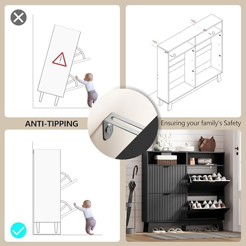 Shoe Cabinet Storage for Entryway with 4 Flip Drawers, Fluted Narrow Shoe Org...