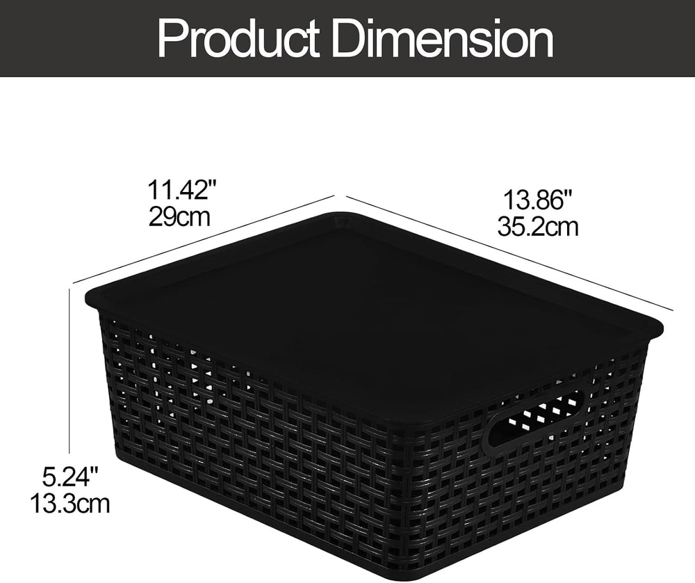 6 Packs Large Plastic Storage Baskets with Lid, Shelf Bins, Black