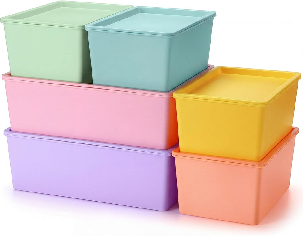 Menkxi 6 Pcs Plastic Storage Bins with Lids, Large and Small, Macaron Color