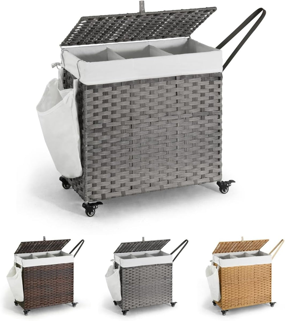 CAPHAUS Laundry Basket w/Wheels, Synthetic Rattan Laundry Hamper w/Lid, Remov...