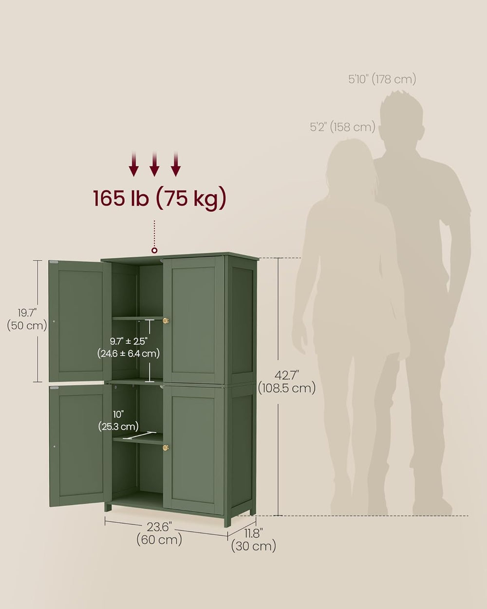 VASAGLE Bathroom Floor Storage Cabinet, 4 Doors, Forest Green