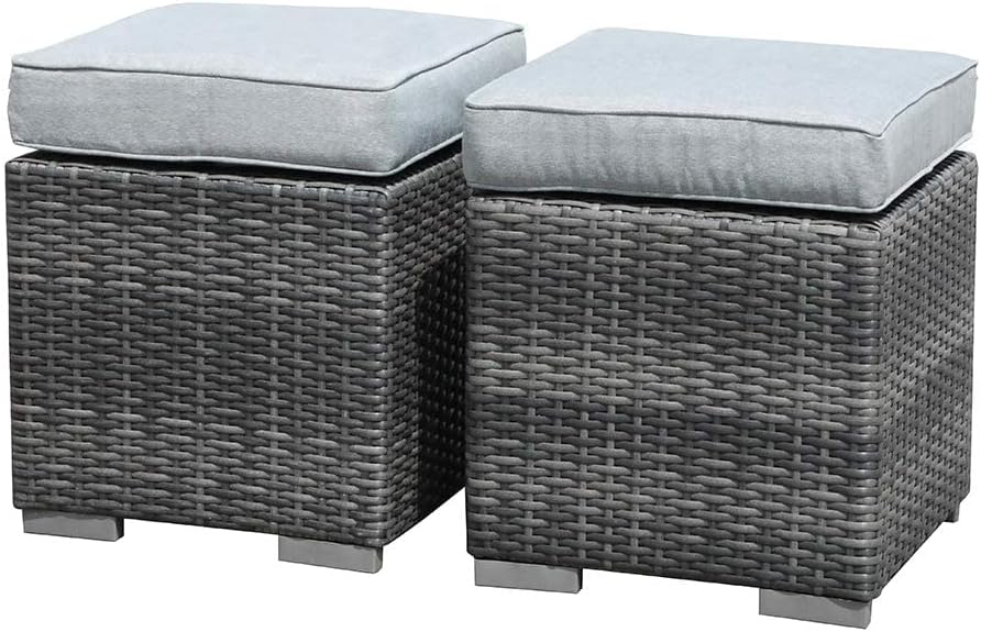 Patiorama 2 Pieces Assembled Outdoor Patio Ottoman, Grey Wicker, Light Grey