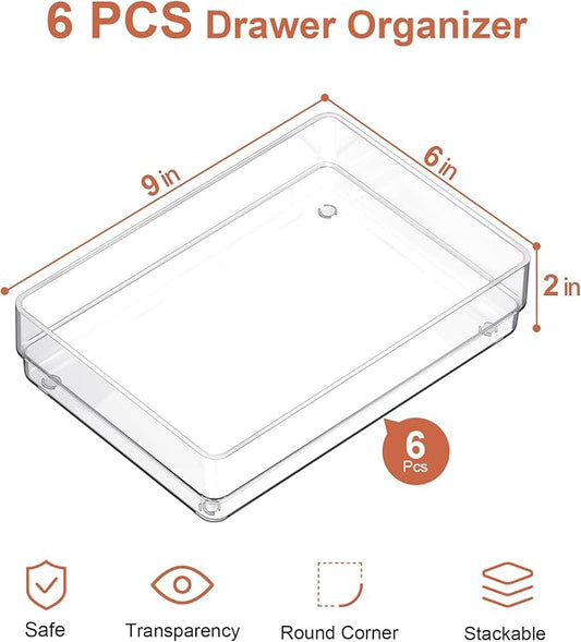 SMARTAKE 6 PCS Clear Plastic Drawer Organizers Set, Large Size Non-Slip Desk - Image 2