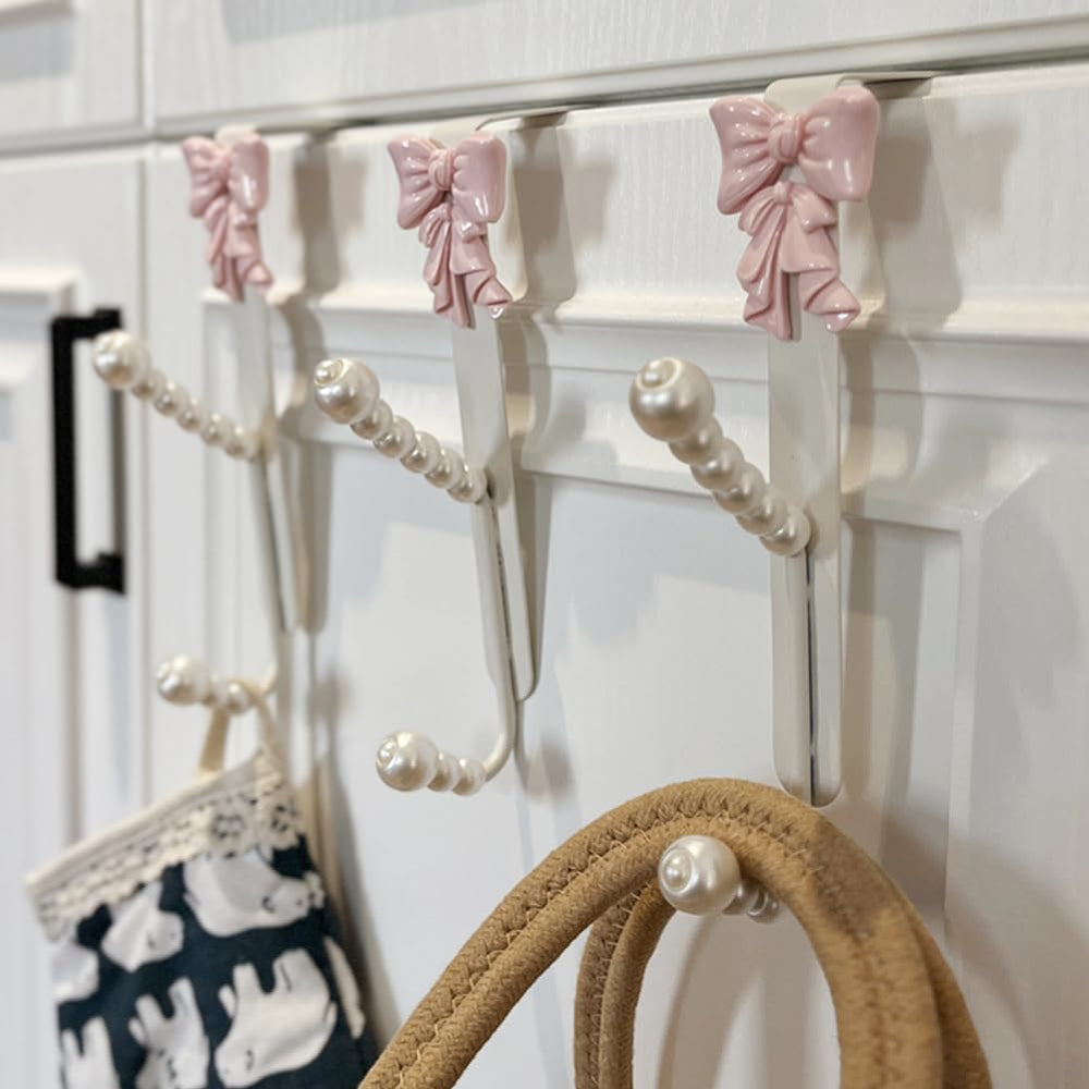 3 Packs Pink Bow Knot Over The Door Hooks,Metal Dual Hook Hanger for Coats, J...
