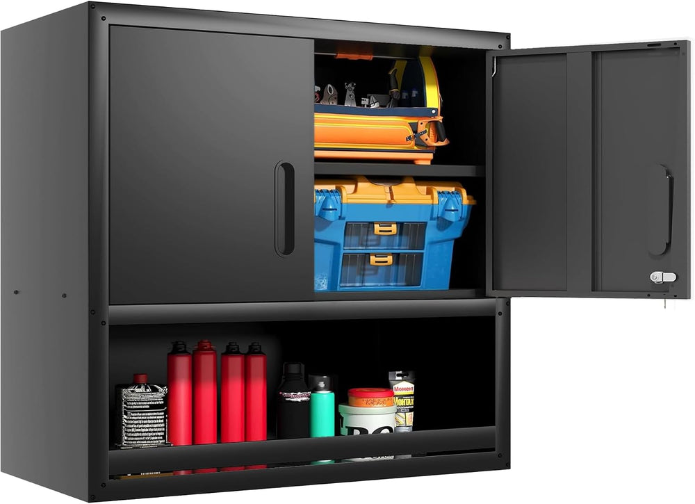 Garage Wall Cabinet with Doors and Shelves, Wall Mounted Metal Storage Cabinet