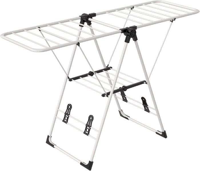Maomo Foldable Clothes Drying Rack, Double-Sided Gullwing Laundry Drying Stand with Adjustable Wings, Tool-Free Setup, Space-Saving Steel Rack for Indoor Use, White