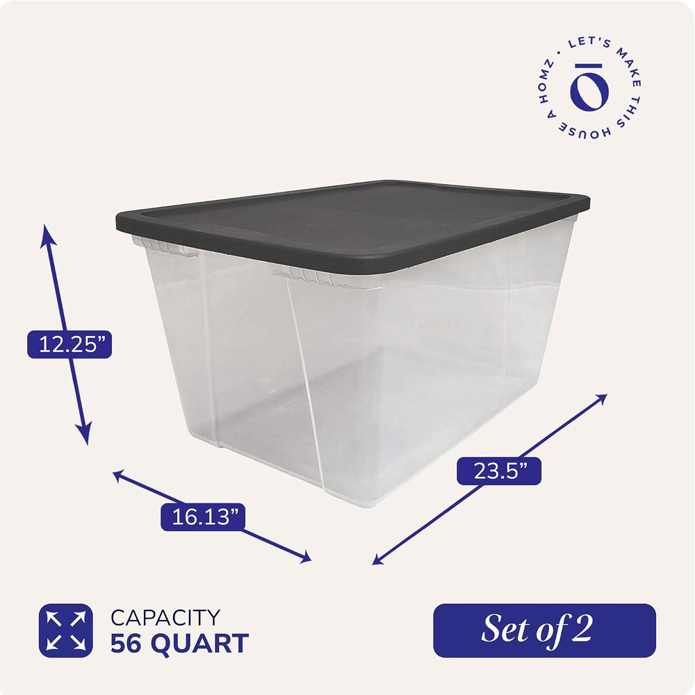 HOMZ 2-Pack Snaplock, Large Clear Plastic Storage Organizer Bins w/Lids, 56 Q...