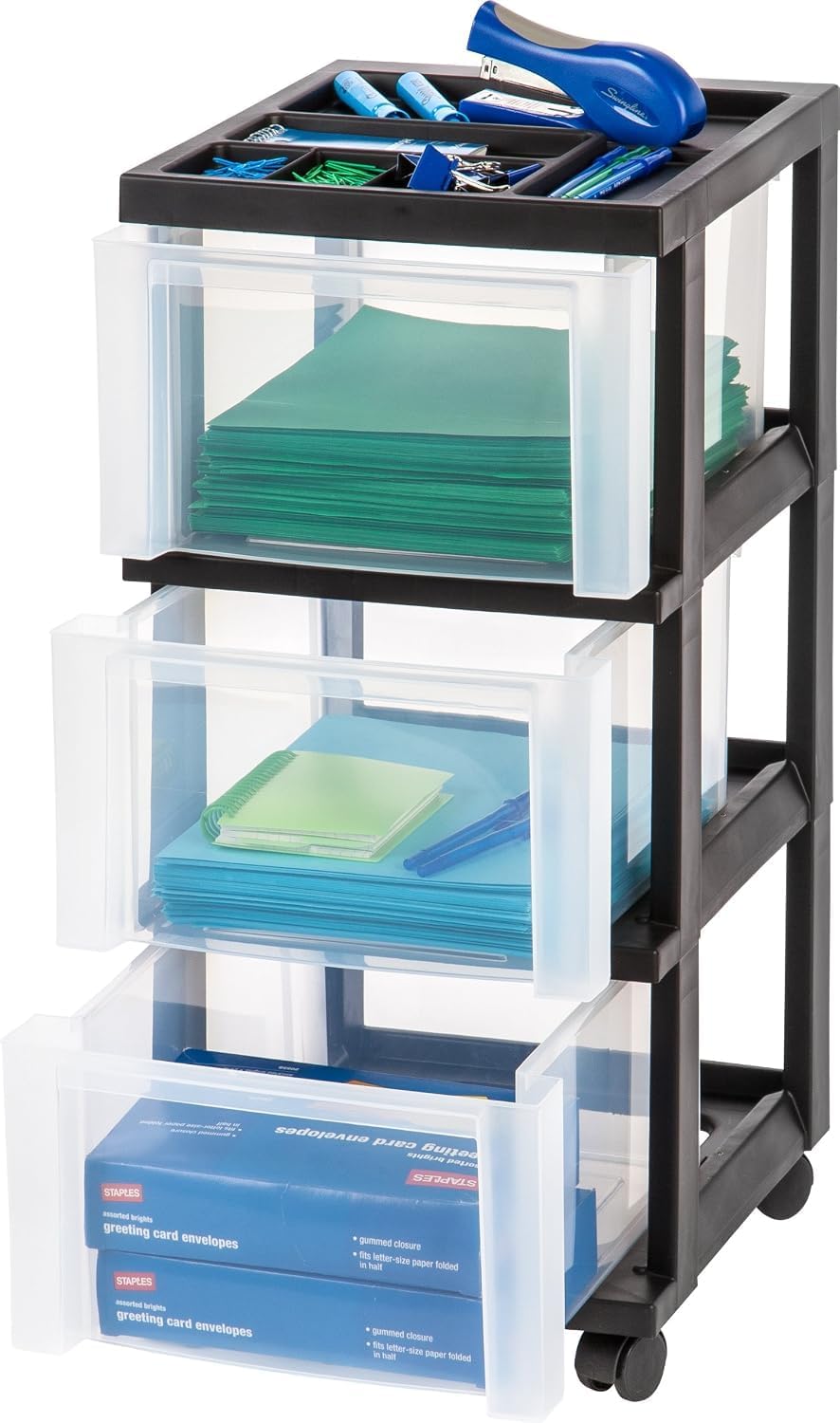 IRIS USA 3-Drawer Rolling Storage Cart, Black/Clear