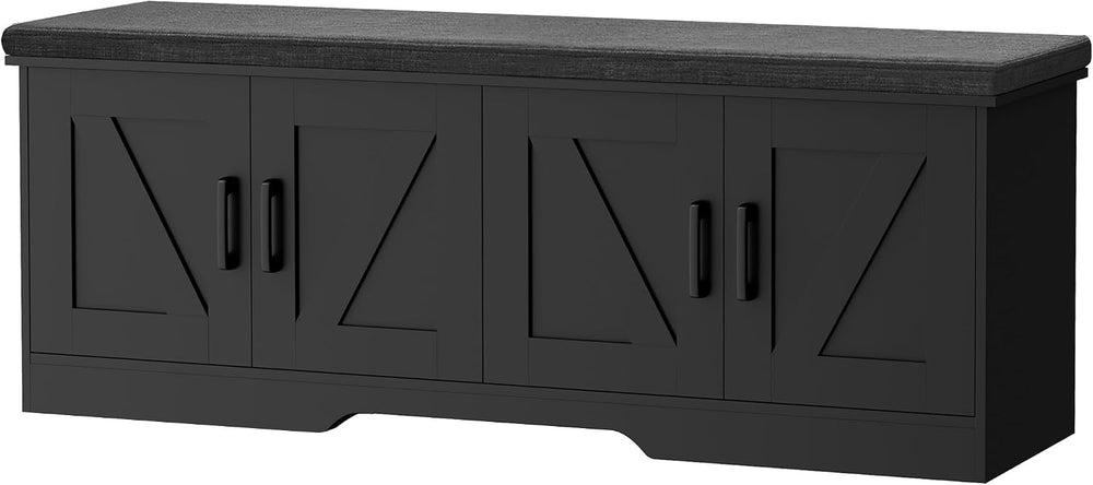 HOMSHO Farmhouse Shoe Storage Bench with 4 Barn Doors & Padded Seat Cushion