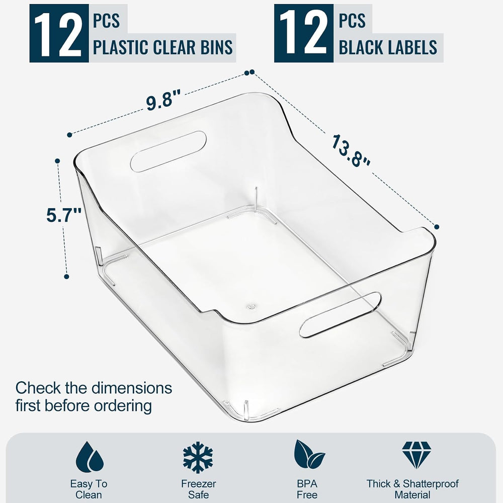 12 PACK Multi-Use Clear Plastic Storage Bins for Organizing w/ Labels - Home,...