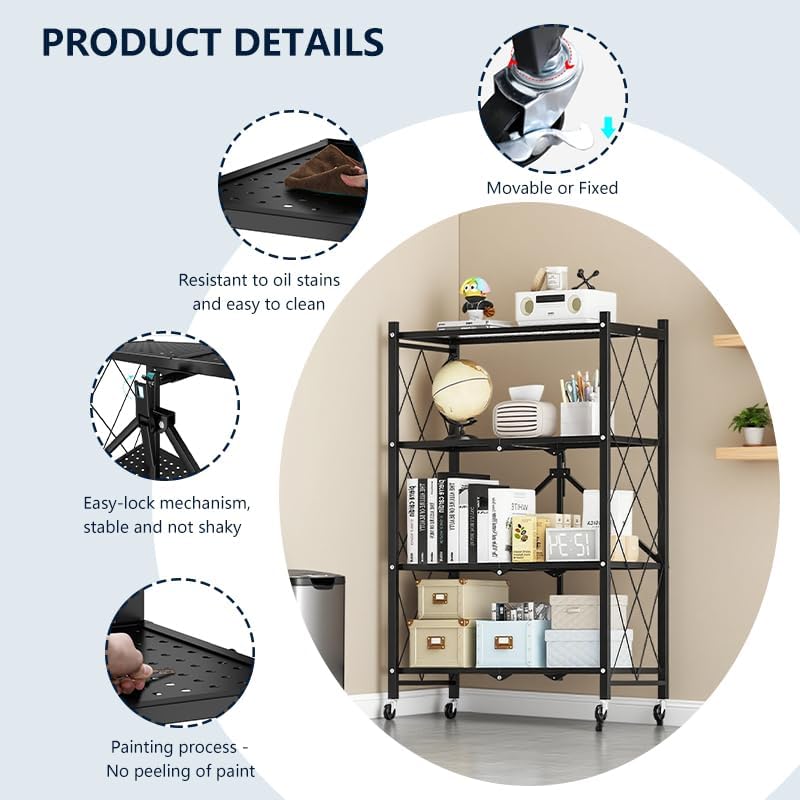 Four-Layer Foldable Storage Metal Shelf with Locking Wheels,Easy Assembly and...