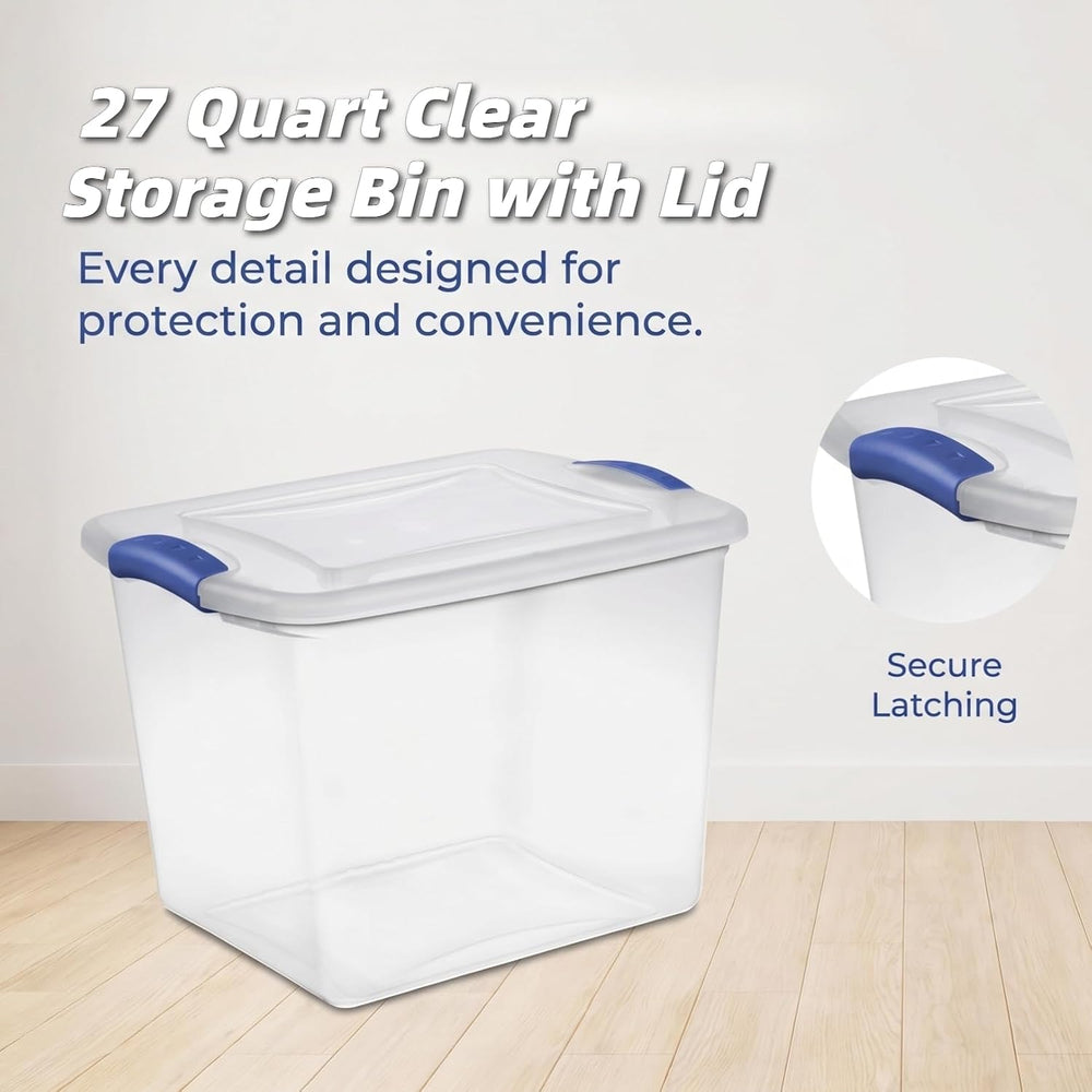 (4 pack) 27 Quart Clear Latching Storage Bin with Lid, Stackable Plastic Cont...