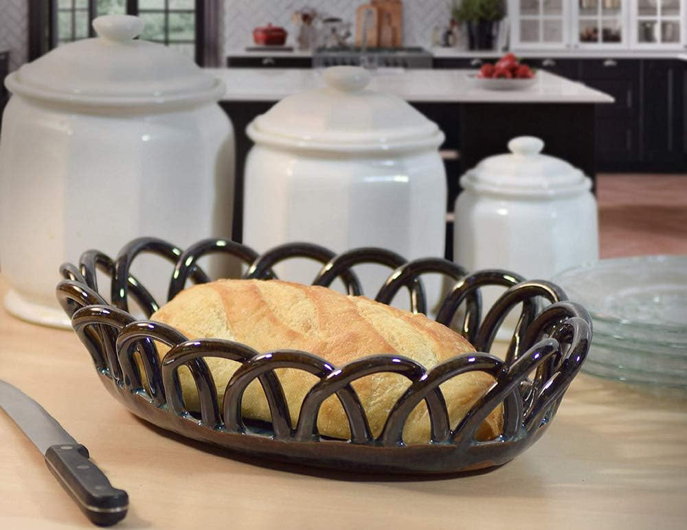 American Handmade Stoneware Pottery Woven Bread Basket in Midnight Blue