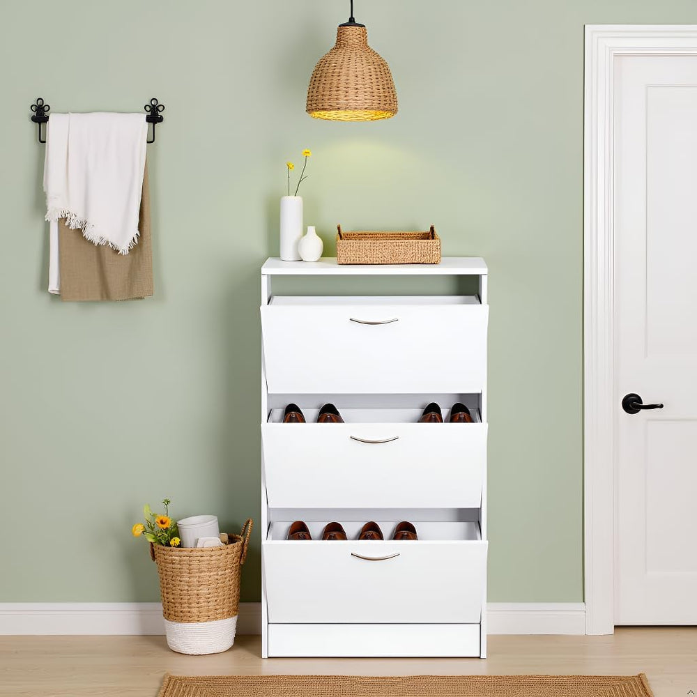 Karl home White Narrow Entryway Shoe Cabinet, 3 Flip Drawer Shoe Rack