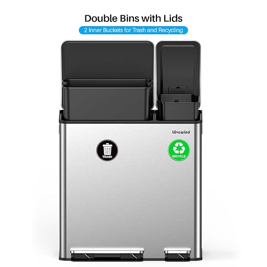 Dual Trash and Recycling Bins for Kitchen, 13.2 + 5.2 Gal Stainless Steel Trash - Image 8