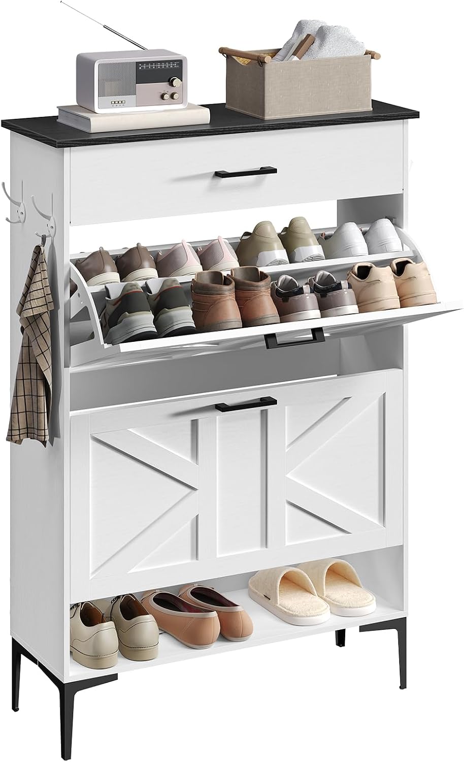 MAHANCRIS Shoe Cabinet with 2 Flip Drawers, Farmhouse Shoe Storage Cabinet fo...